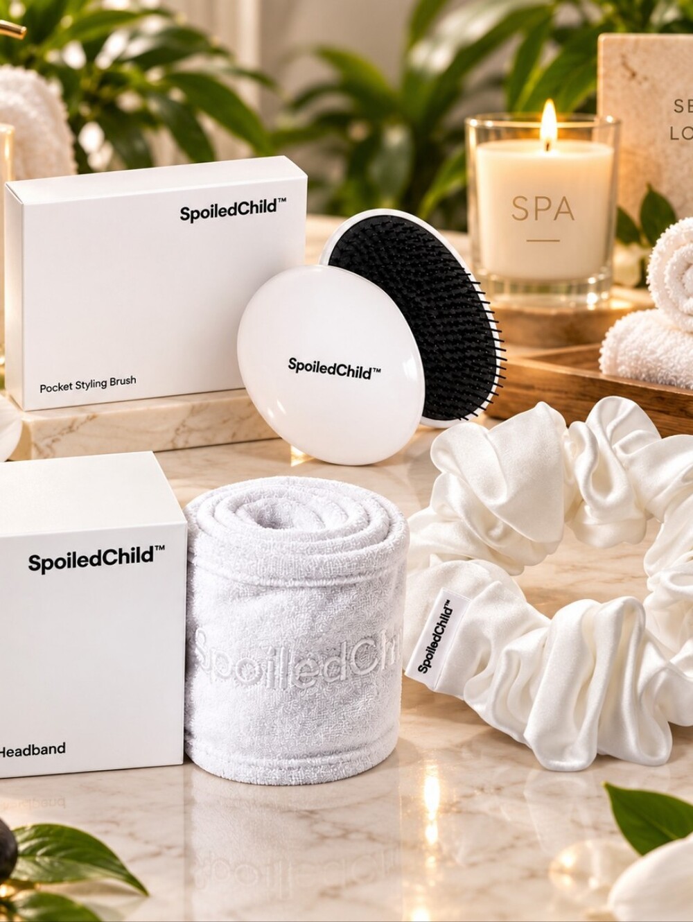 SpoiledChild White Satin Scrunchie & Hair Care Set Trio  Accessories